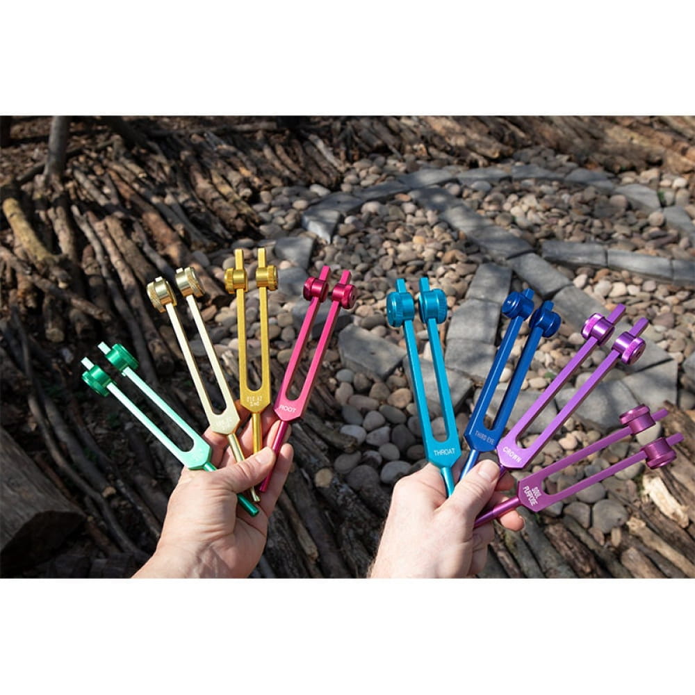 Colorful Chakra Healing Tuning Forks held in hands for energy balance and healing