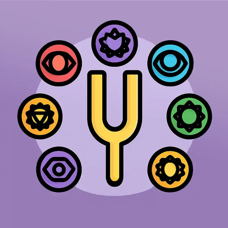 Yellow tuning fork with black outline surrounded by seven colorful circular chakra symbols on a purple background.