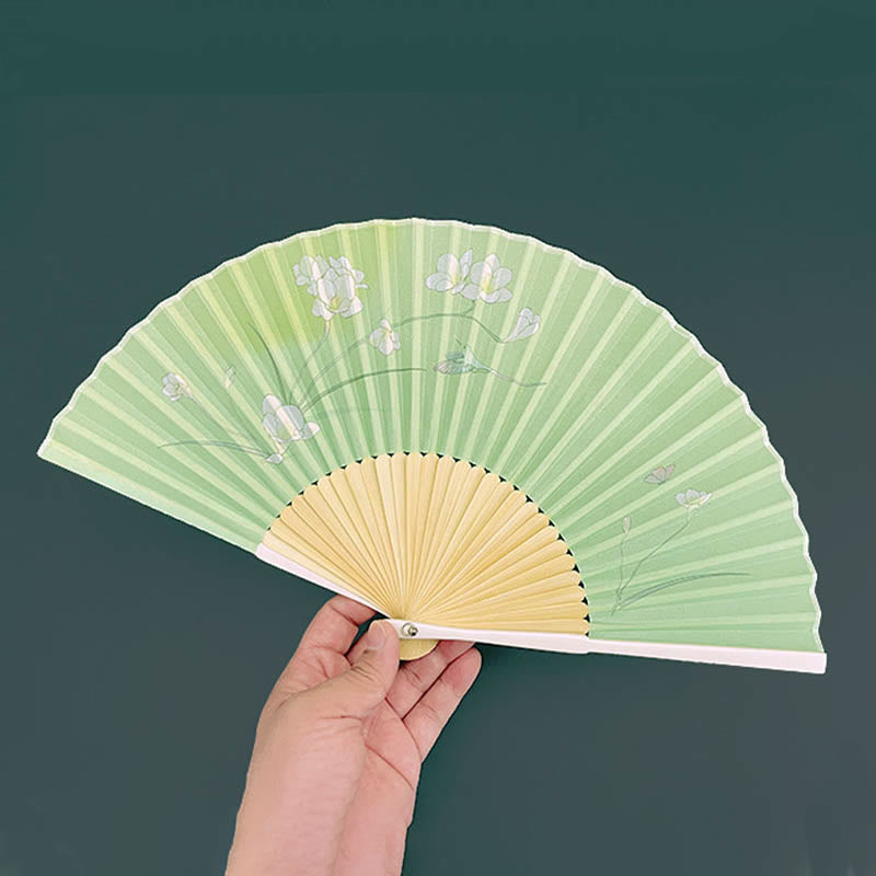 Éventail chinois pliable en bambou, motif orchidée, bégonia, 21-22 cm