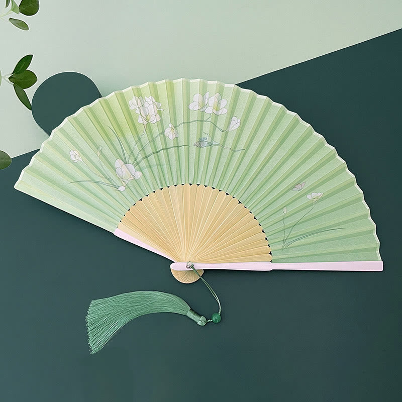 Éventail chinois pliable en bambou, motif orchidée, bégonia, 21-22 cm
