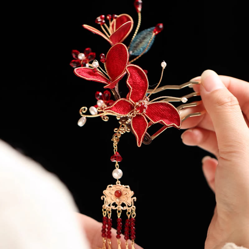 Peigne à cheveux chinois à pompon et fleur rouge en forme de papillon