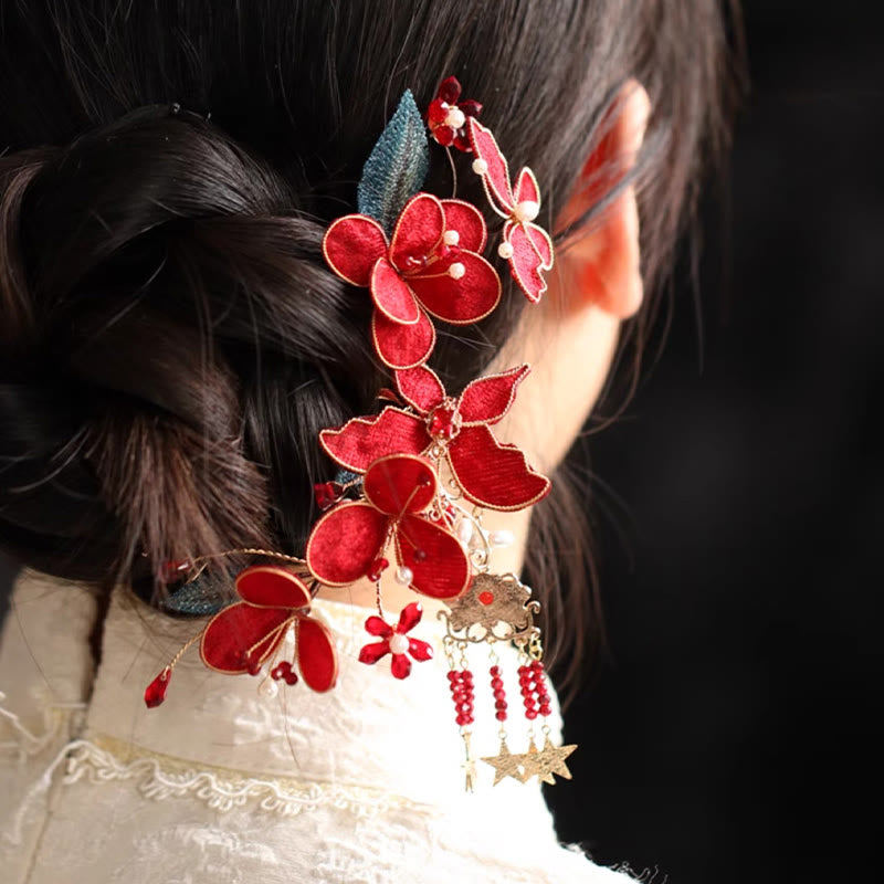 Peigne à cheveux chinois à pompon et fleur rouge en forme de papillon