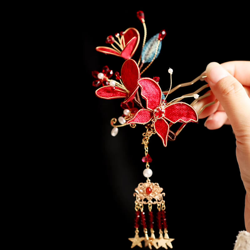Peigne à cheveux chinois à pompon et fleur rouge en forme de papillon