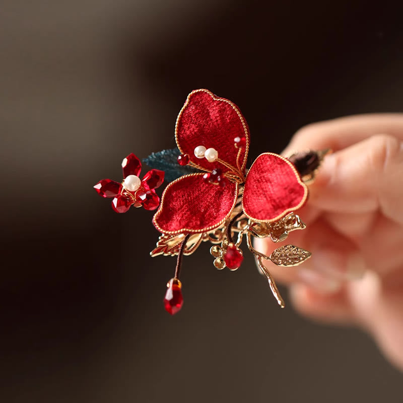 Peigne à cheveux chinois à pompon et fleur rouge en forme de papillon