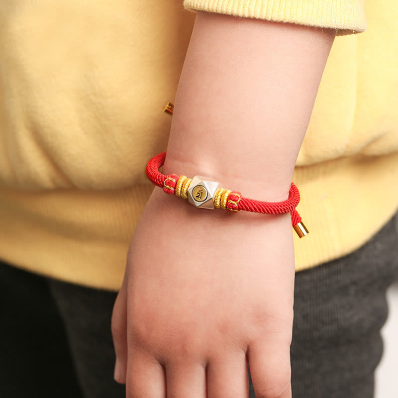 Bracelet enfant signe du zodiaque chinois | Argent 999, corde rouge, porte-bonheur et force