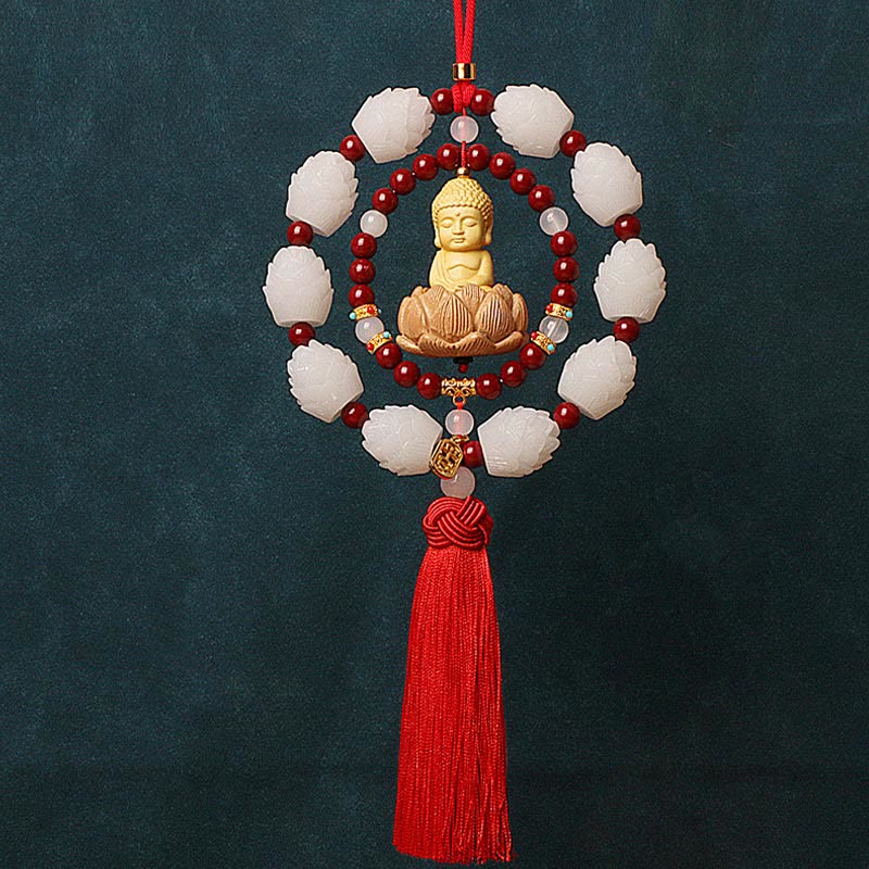 Décoration suspendue pour voiture en forme de lotus Bouddha en cinabre et buis