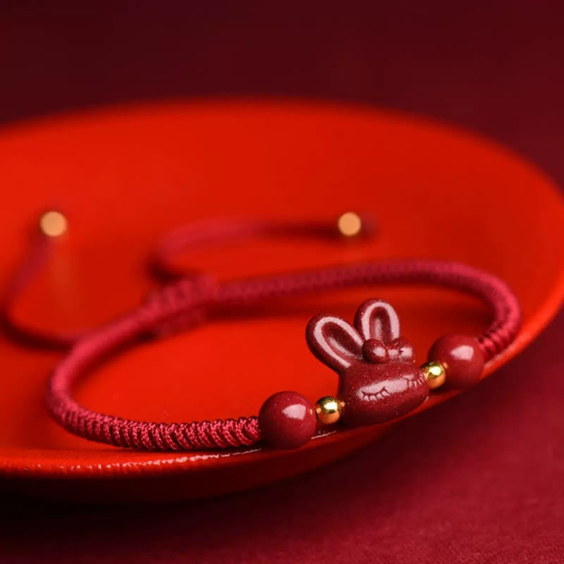 Bracelet porte-bonheur en cinabre avec motif du zodiaque chinois Lapin 14-17 cm