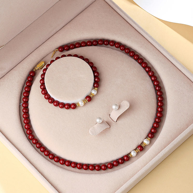 Parure de bijoux en argent sterling 925 avec perles de cinabre