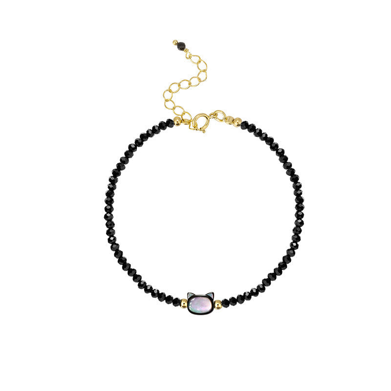 Bracelet en quartz transparent avec cristal blanc et breloque chat guérisseur plaquée or 14 carats