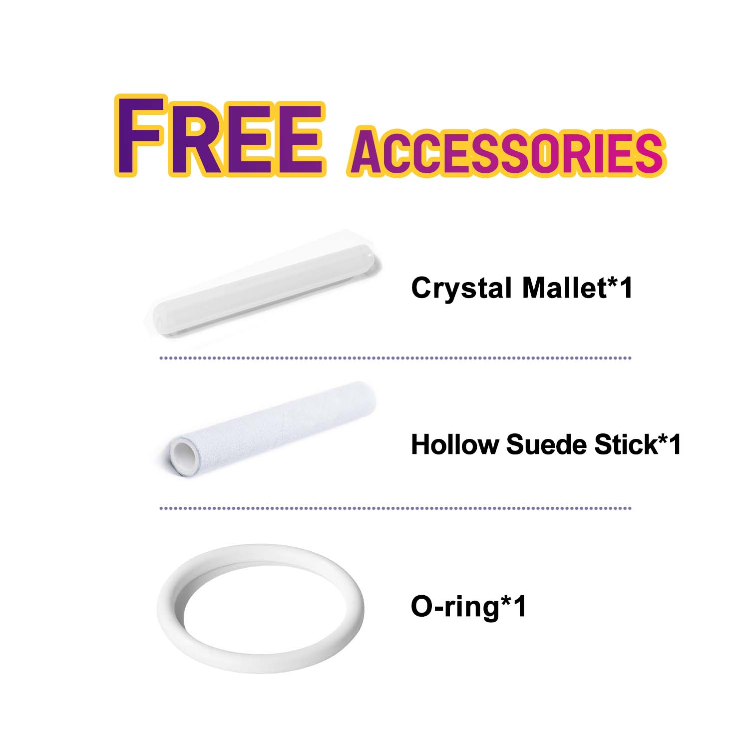 Clear Quartz Crystal Singing Bowl accessories list with crystal mallet, suede stick, o-ring