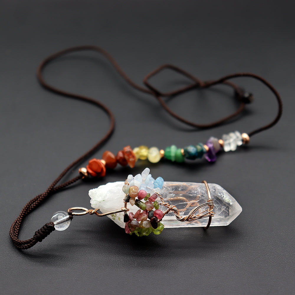 Collier Chakra Arbre de Vie en Quartz Clair Pointe de 5 cm