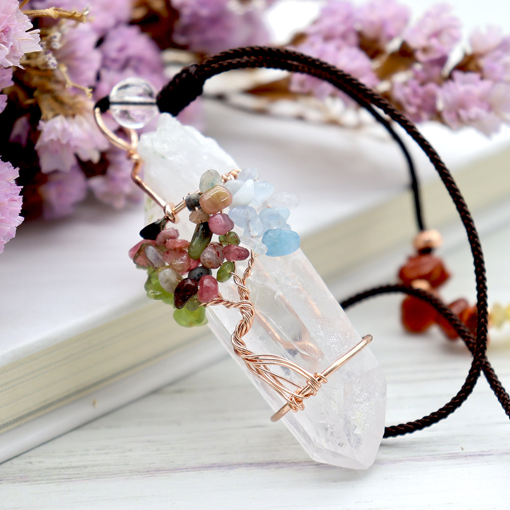 Collier Chakra Arbre de Vie en Quartz Clair Pointe de 5 cm