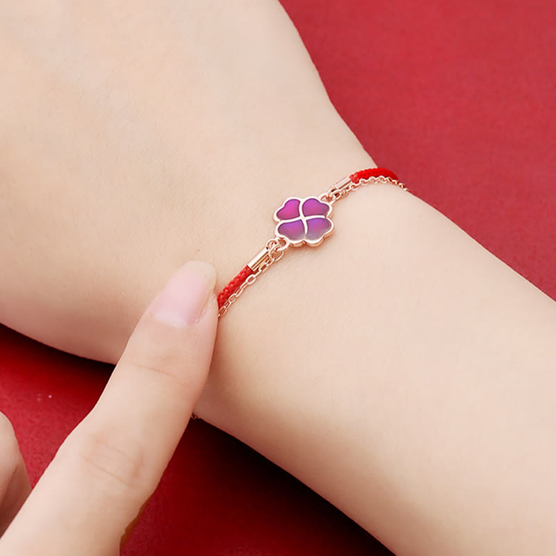 Bracelet porte-bonheur en argent 925 avec fil rouge et trèfle à quatre feuilles changeant de couleur