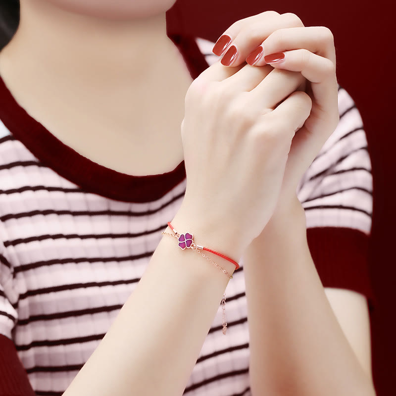 Bracelet porte-bonheur en argent 925 avec fil rouge et trèfle à quatre feuilles changeant de couleur
