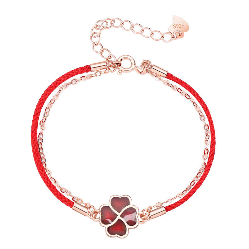 Bracelet porte-bonheur en argent 925 avec fil rouge et trèfle à quatre feuilles changeant de couleur