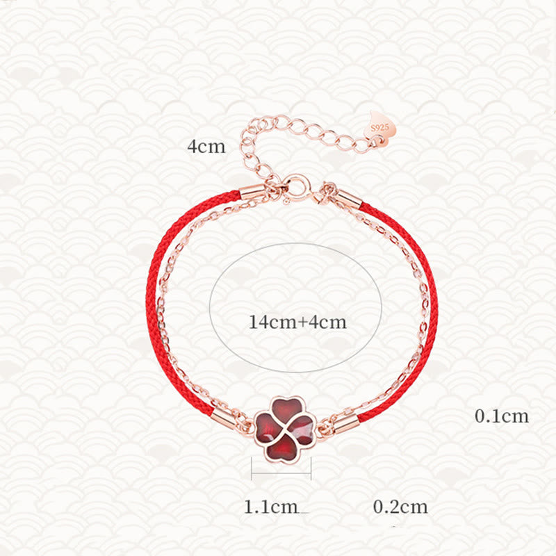Bracelet porte-bonheur en argent 925 avec fil rouge et trèfle à quatre feuilles changeant de couleur