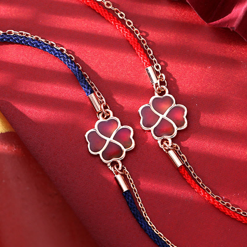 Bracelet porte-bonheur en argent 925 avec fil rouge et trèfle à quatre feuilles changeant de couleur