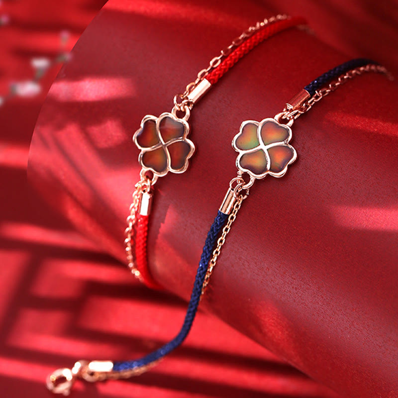 Bracelet porte-bonheur en argent 925 avec fil rouge et trèfle à quatre feuilles changeant de couleur