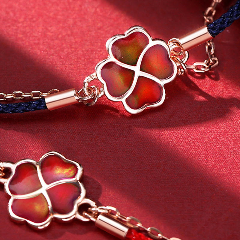 Bracelet porte-bonheur en argent 925 avec fil rouge et trèfle à quatre feuilles changeant de couleur