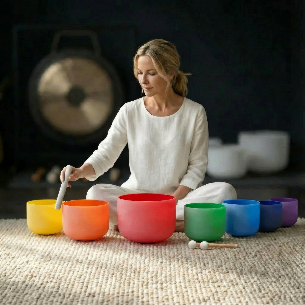 Ensemble de bols chantants en cristal de chakra coloré - 7 pièces de 6 à 14 pouces