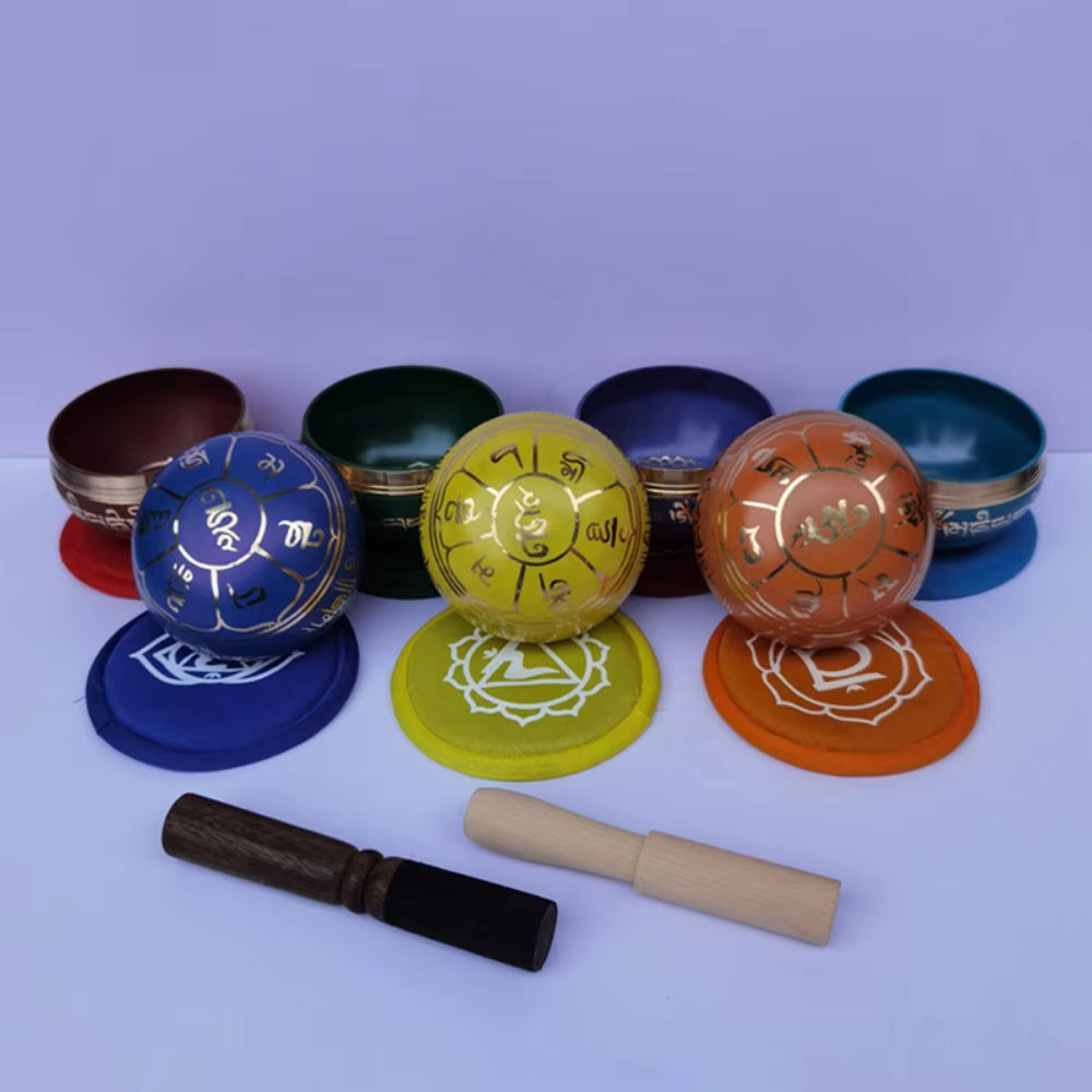 Colorful Chakra Meditation Stones with Symbols and Two Wands for Mindfulness Practice
