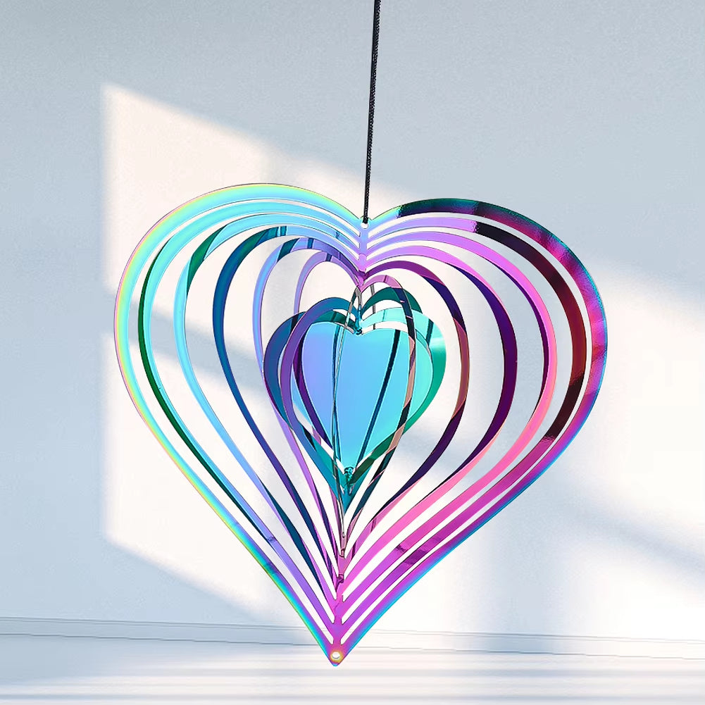 Metallic rainbow heart spinner with concentric rings for colorful garden decor