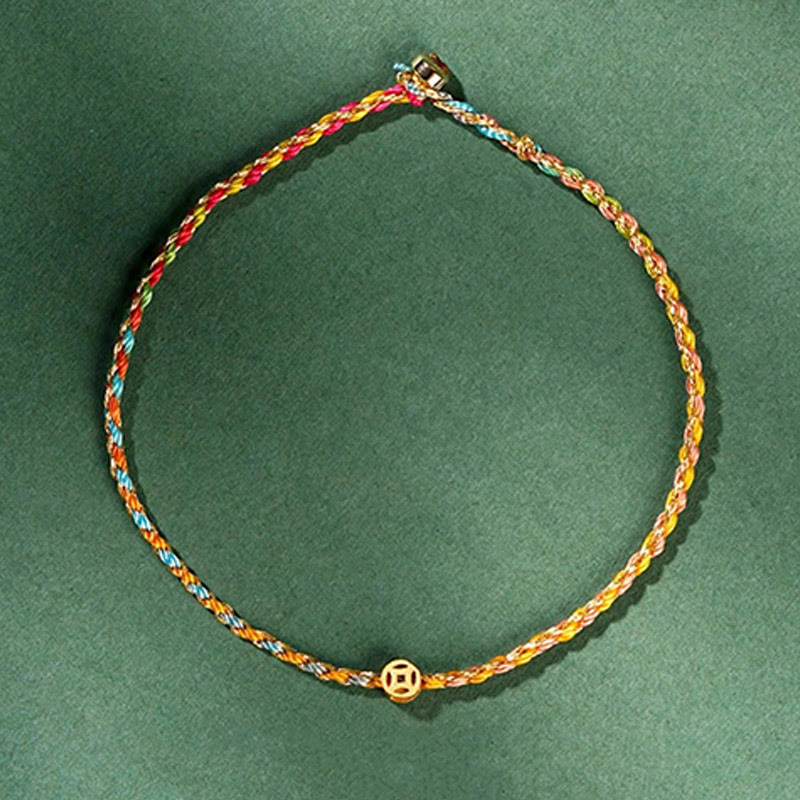 Bracelet en corde avec pièces porte-bonheur colorées 14-15 cm et sons de guérison