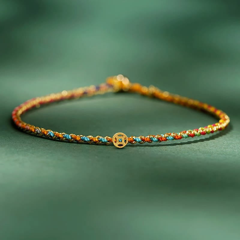 Bracelet en corde avec pièces porte-bonheur colorées 14-15 cm et sons de guérison