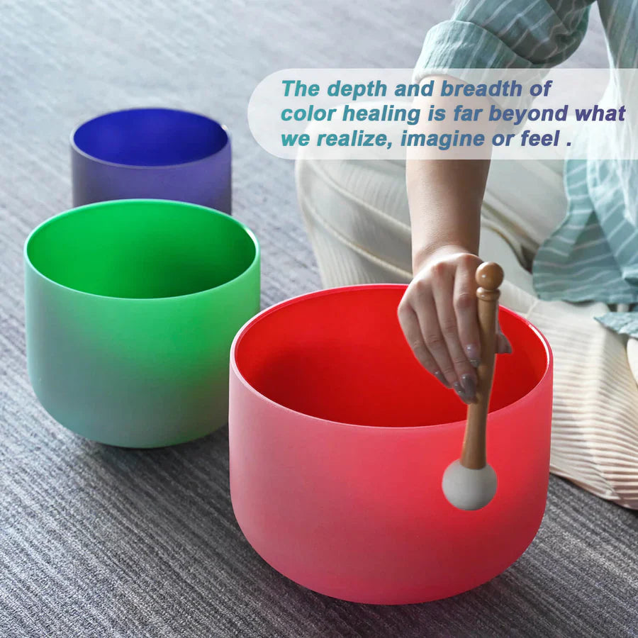 Colorful Quartz Crystal Singing Bowls with mallet for sound healing therapy