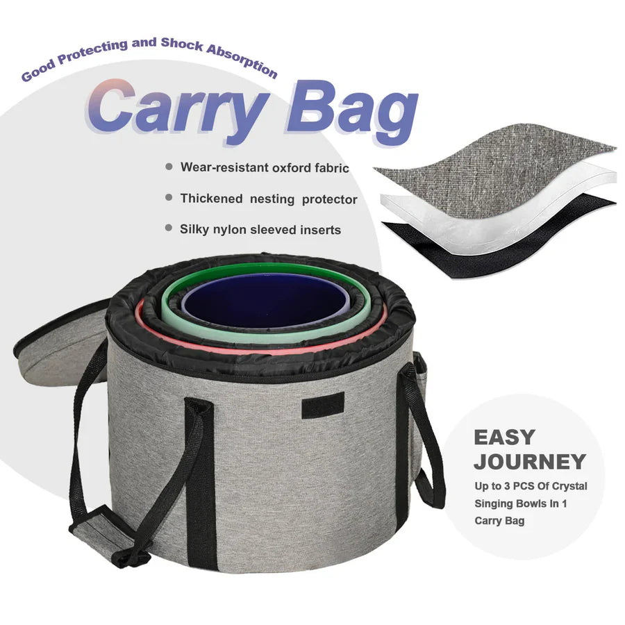 Circular gray carry bag with protective layers for Colorful Quartz Crystal Singing Bowls