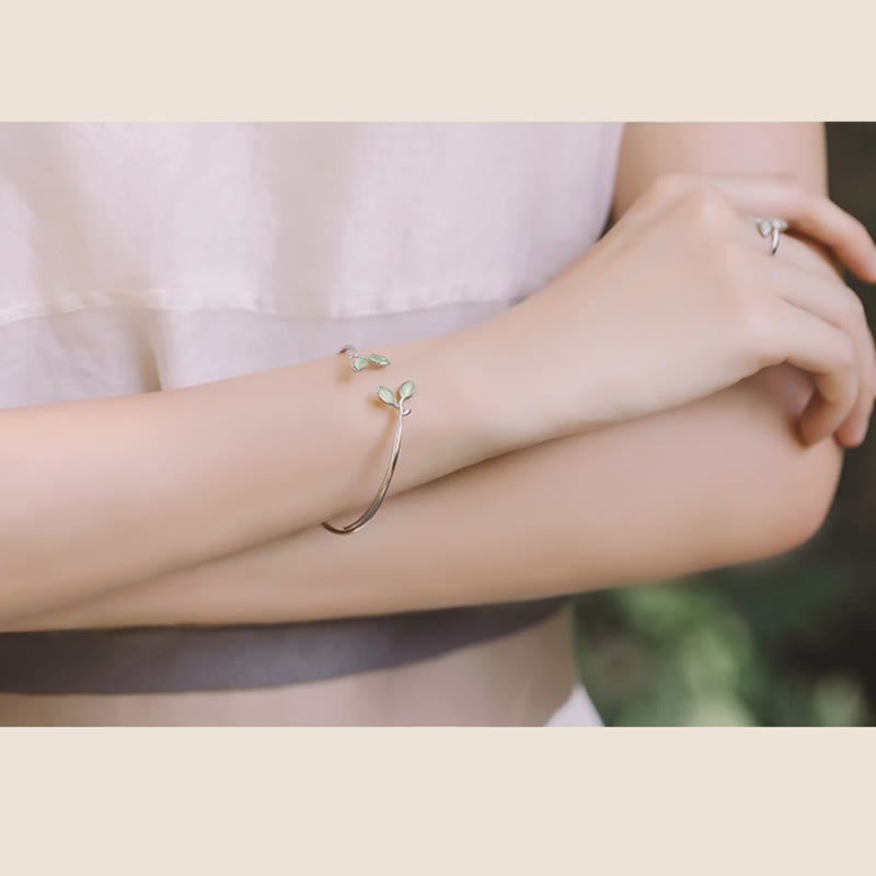 Bracelet manchette de soutien en cuivre à motif œil de chat et feuilles