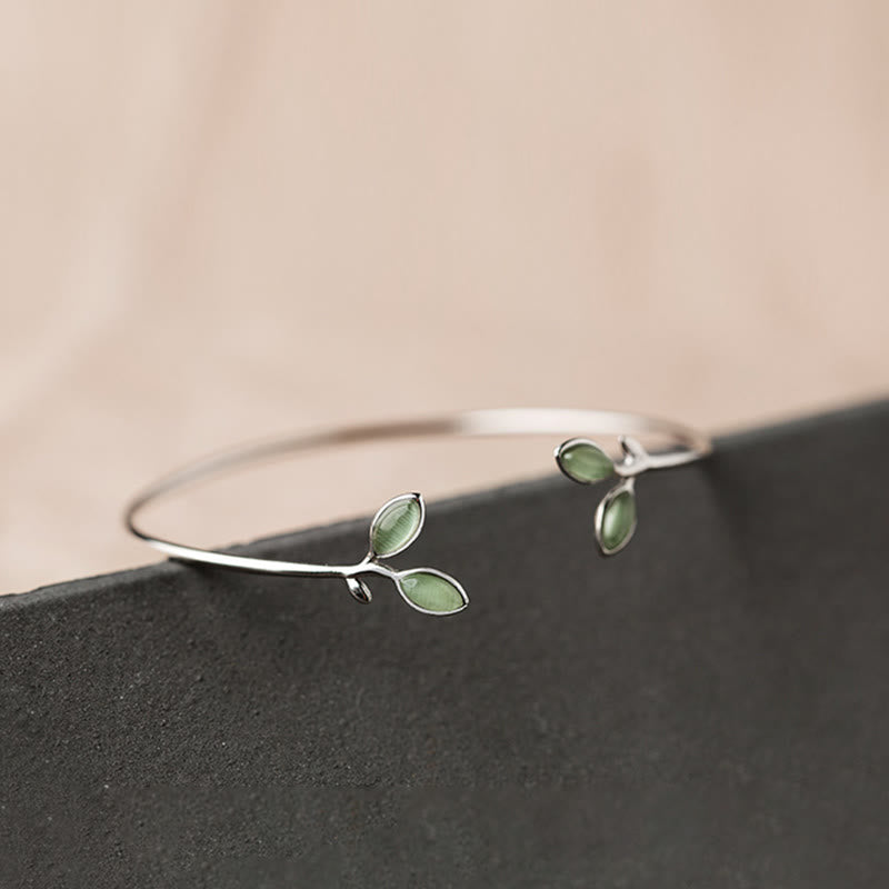 Bracelet manchette de soutien en cuivre à motif œil de chat et feuilles