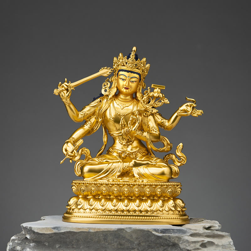 Statue du bodhisattva Manjusri à quatre bras en cuivre | Sérénité et compassion
