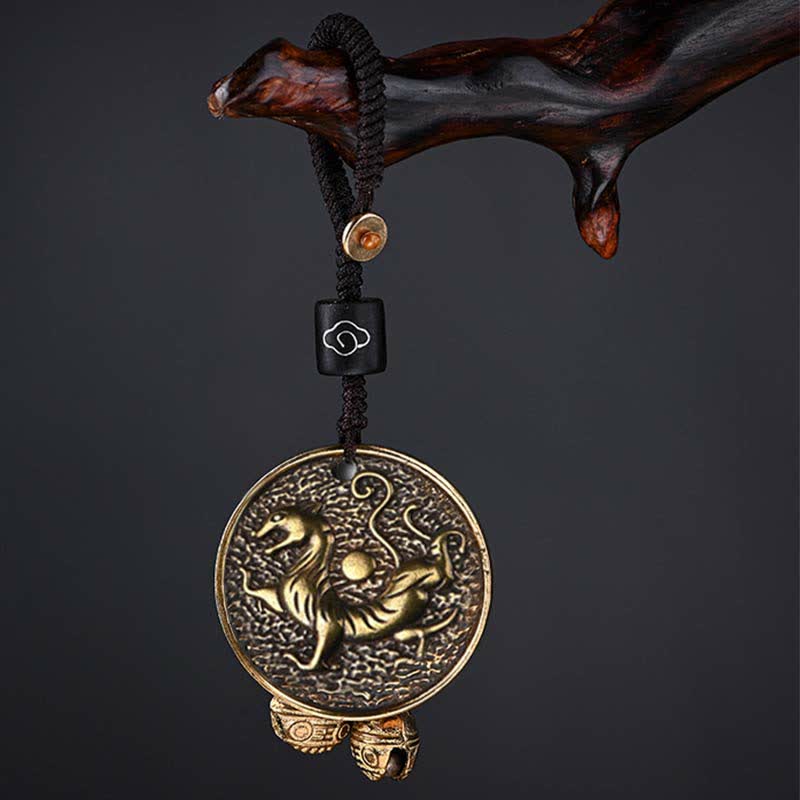 Porte-clés en cuivre à quatre symboles avec dragon azur et créatures mythiques
