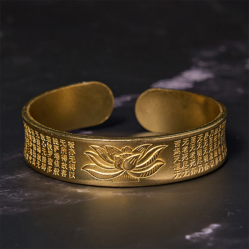 Bracelet jonc réglable en cuivre avec symbole du Sutra du cœur de lotus et de la paix