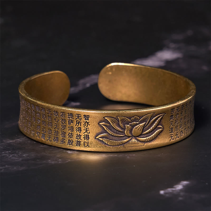 Bracelet jonc réglable en cuivre avec symbole du Sutra du cœur de lotus et de la paix