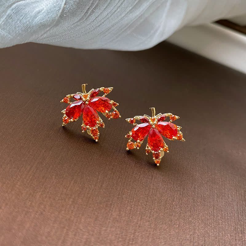 Collier pendentif bague boucles d'oreilles feuille d'érable en cuivre et zircon pour la chance