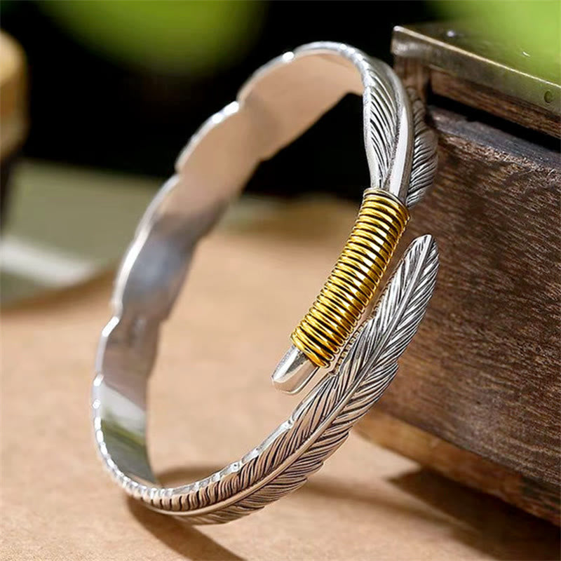 Bracelet manchette porte-bonheur spirituel en cuivre avec motif de plumes