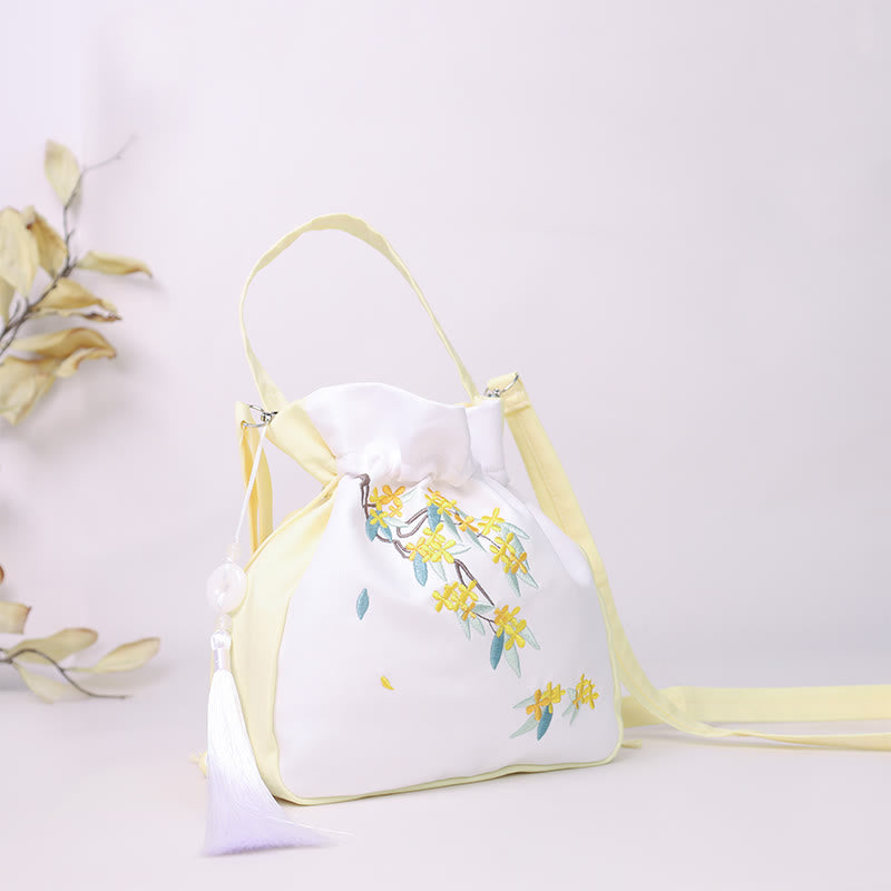 Sac fourre-tout en coton et lin brodé Osmanthus Pivoine 20 cm