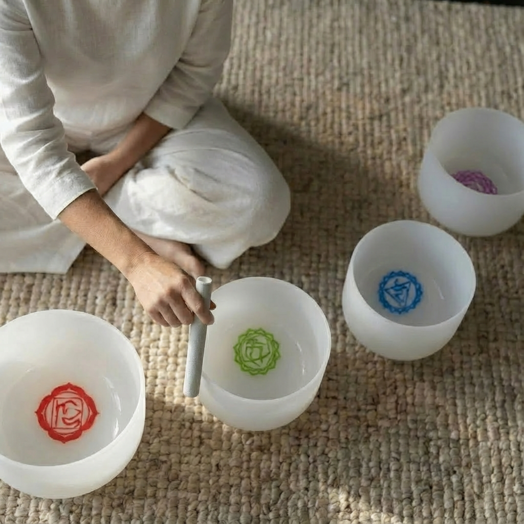 Ensemble de bols chantants en cristal avec symboles de chakra