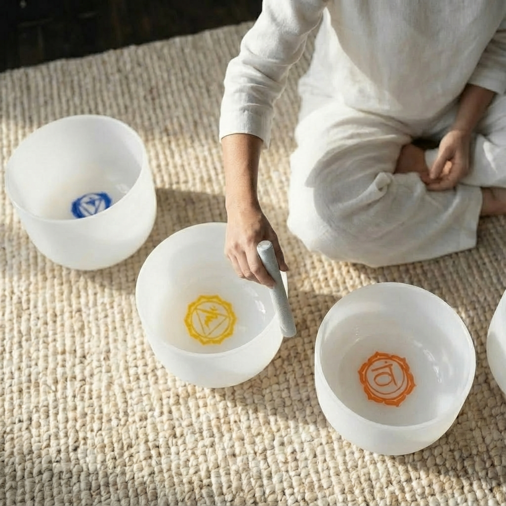 Ensemble de bols chantants en cristal avec symboles de chakra