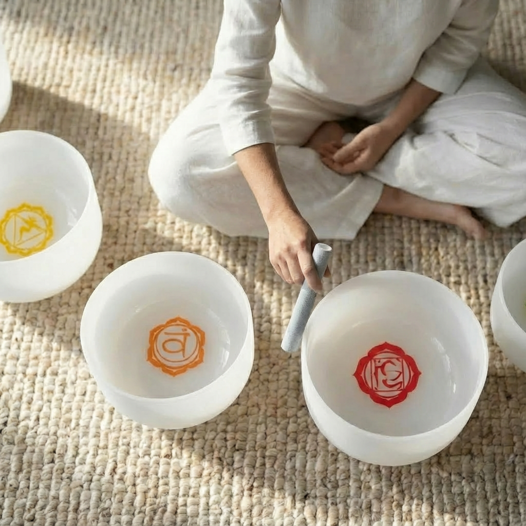 Ensemble de bols chantants en cristal avec symboles de chakra