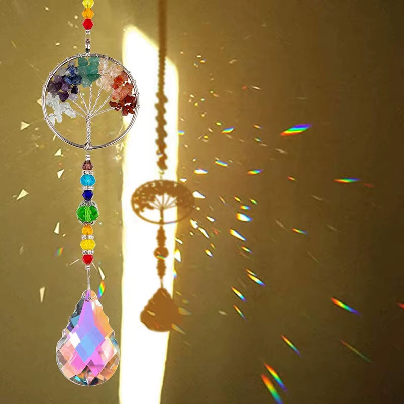 Crystal Wind Chime Suncatcher with colorful beads and Tree of Life design for garden decor
