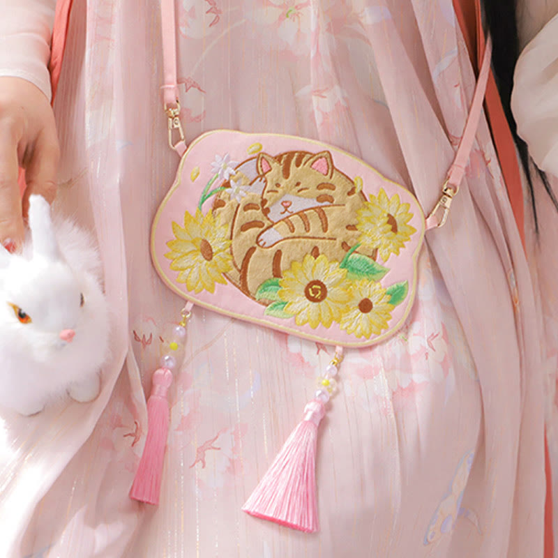 Sac Hanfu brodé motif animal mignon | Sac bandoulière porte-bonheur panda et chat