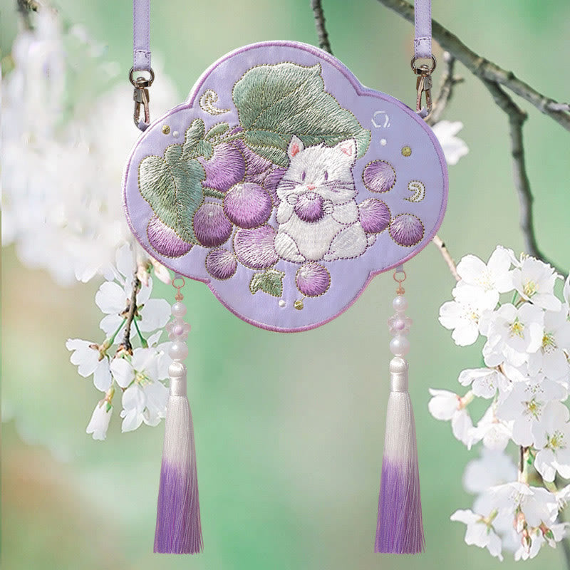 Sac Hanfu brodé motif animal mignon | Sac bandoulière porte-bonheur panda et chat