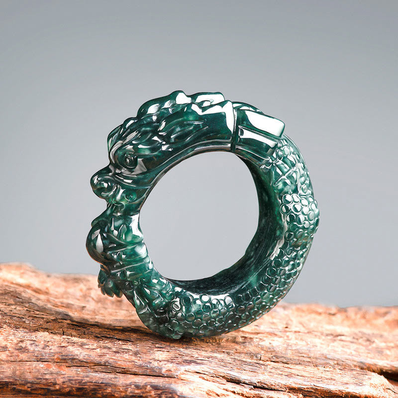 Bague de réussite sculptée en jade cyan, dragon, 21-22 mm