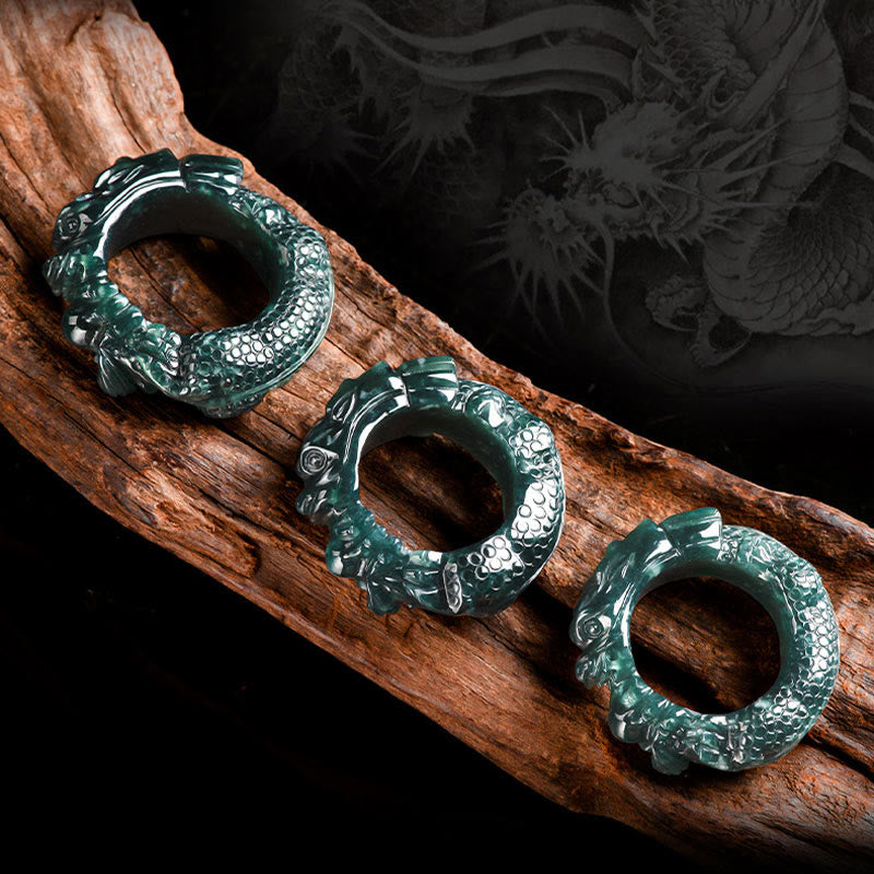 Bague de réussite sculptée en jade cyan, dragon, 21-22 mm
