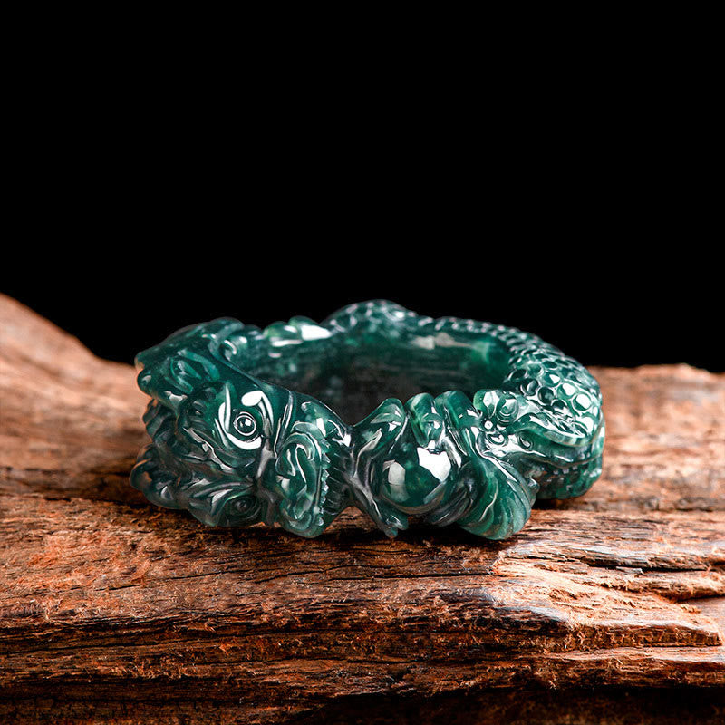 Bague de réussite sculptée en jade cyan, dragon, 21-22 mm