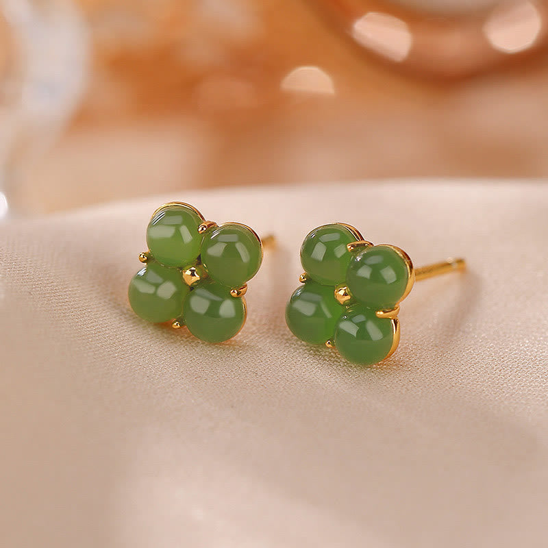 Boucles d'oreilles à tige en jade cyan, trèfle à quatre feuilles, 8 mm, pour la chance et la guérison