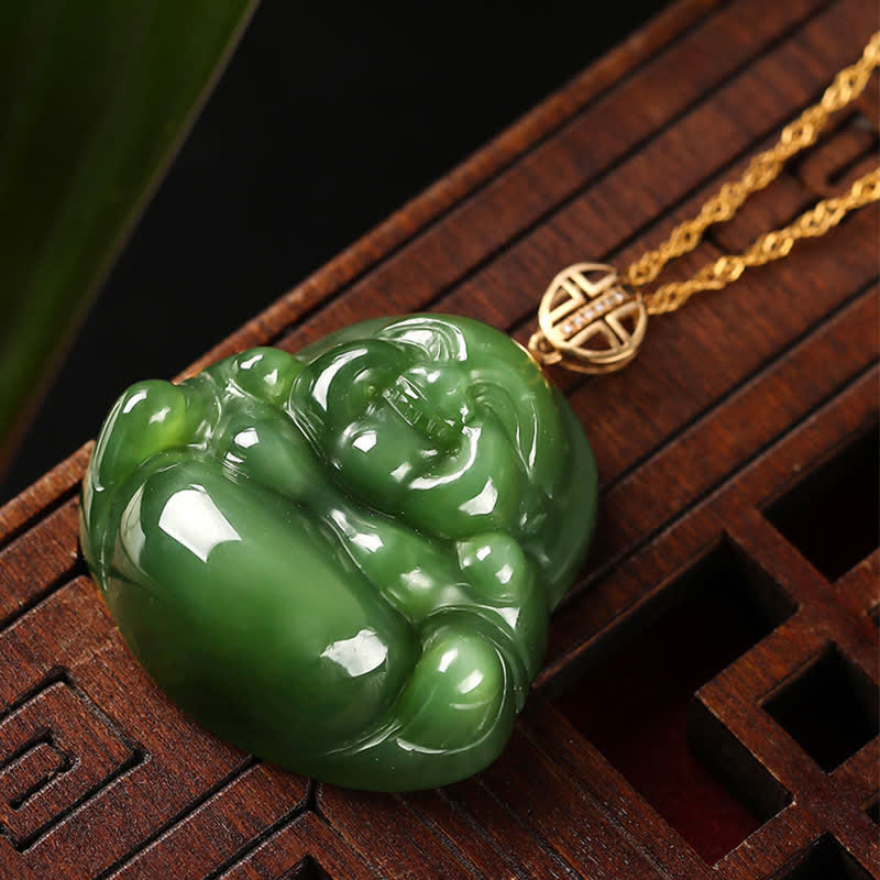 Pendentif Bouddha rieur en jade cyan | Argent 925 et or 18 carats